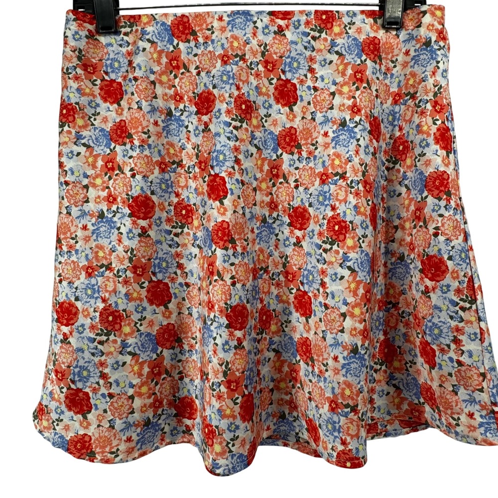 Floral Mini‎ Skirt Coral Blue A-Line Size M 7-9 Cottagecore Chic Flowy Vacation